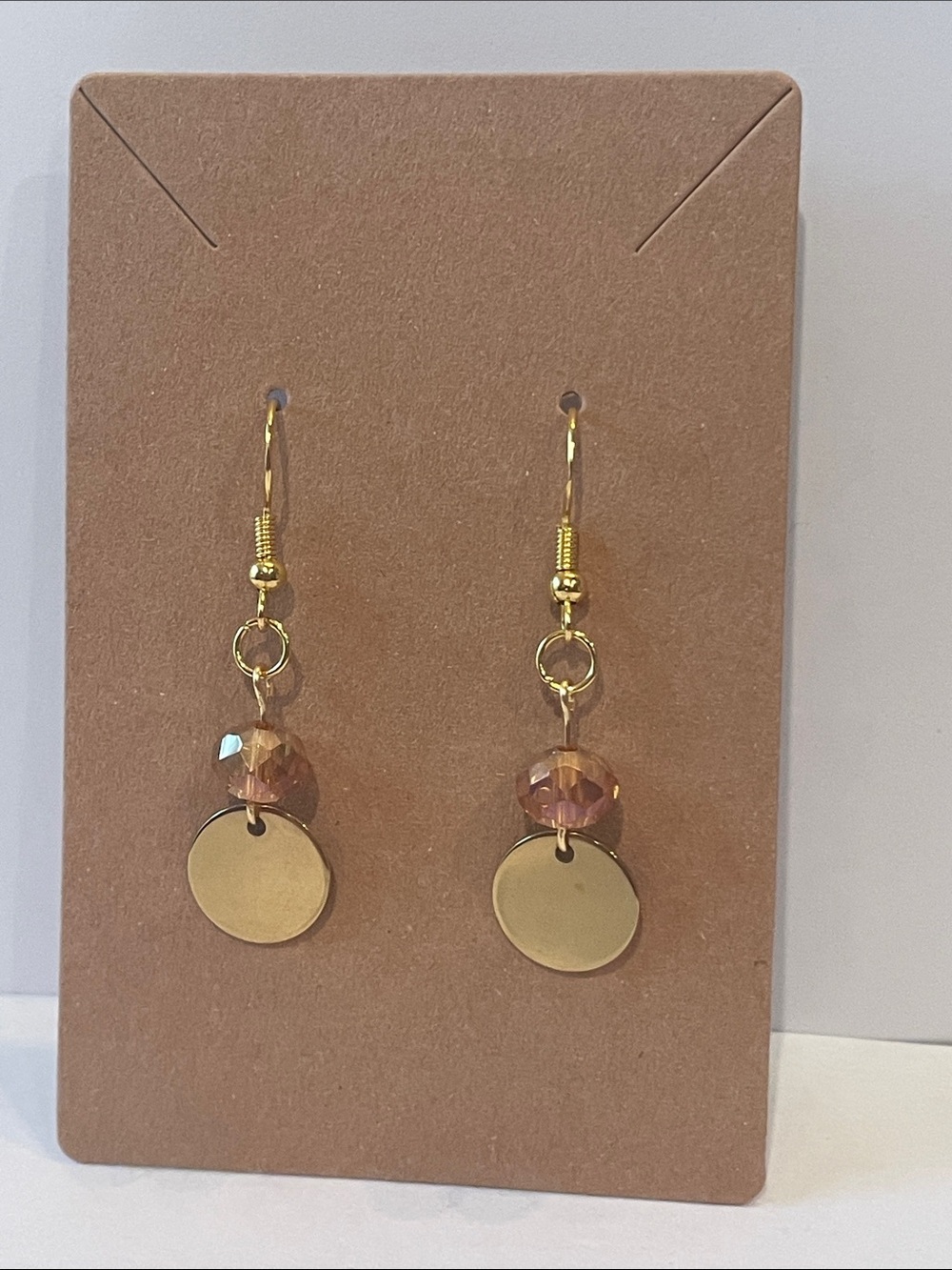 Gold Disc Drop Earrings with Amber Crystal Accent